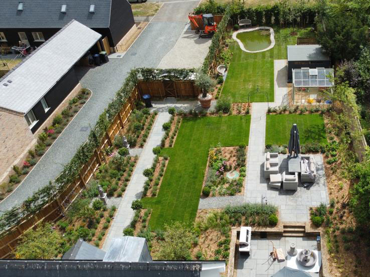 Aerial farmhouse front garden Cambridgeshire